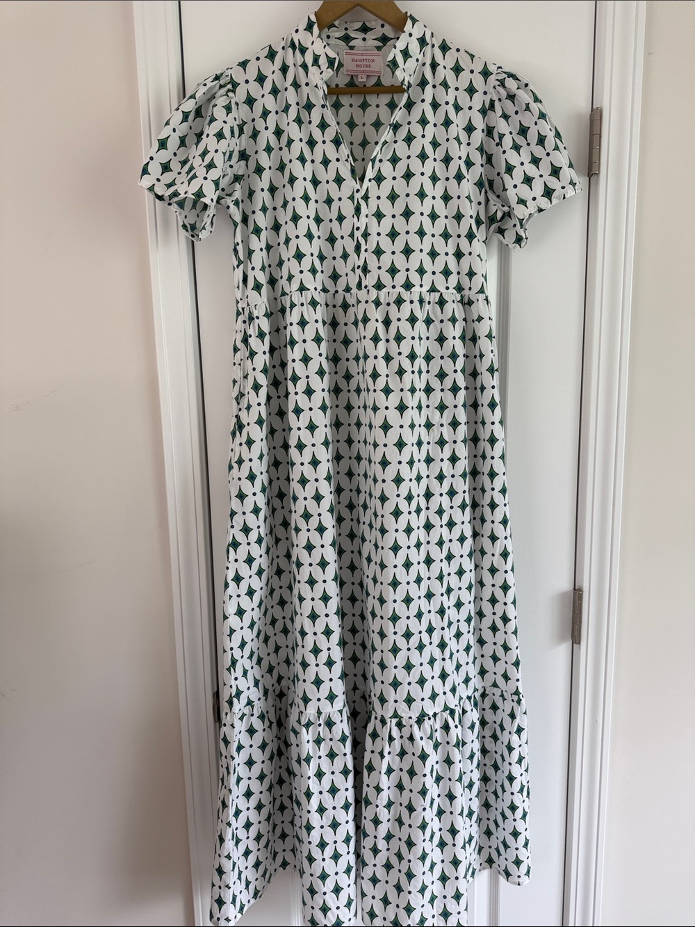 Hampton House Adams Green White Tile Maxi Dress Flutter Sleeve Tiered L Large